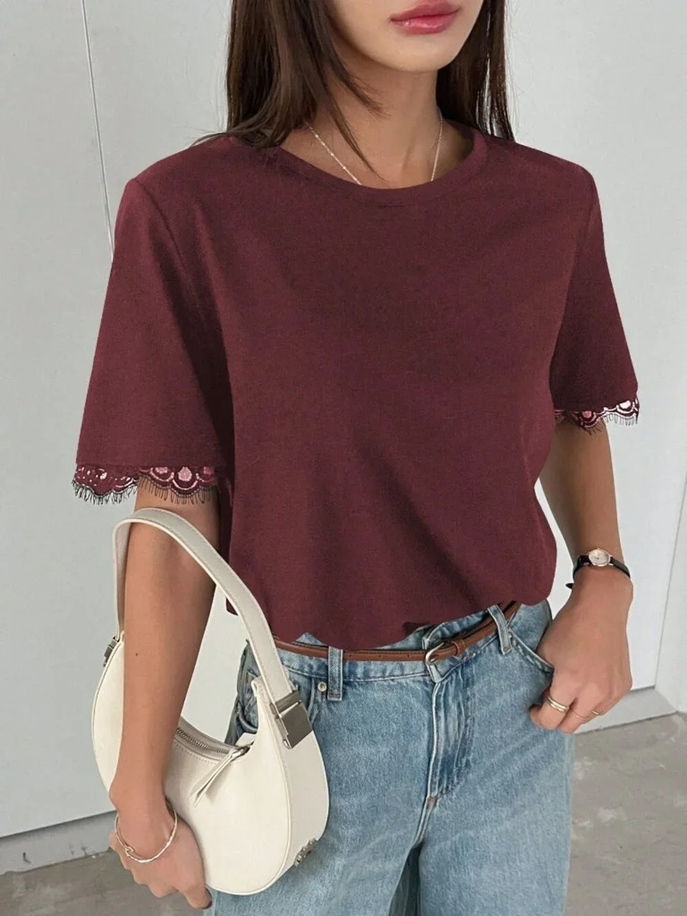 Burgundy Casual Women's Preppy Contrast Lace Loose Short Sleeve T-Shirt